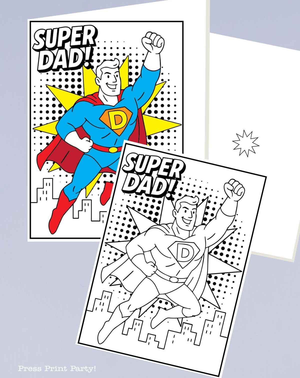 Two "Super Dad!" father’s day coloring cards—one in color, one as a black-and-white coloring page—show a superhero dad soaring over a city with a bold “D” on his chest and a fun comic-style background.