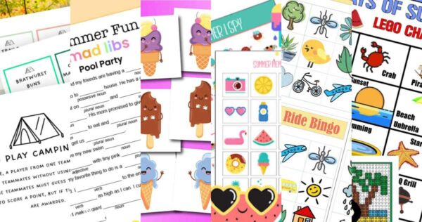 A collage of colorful summer-themed printable games and activity sheets, including bingo cards, mad libs, word searches, and images of ice cream, sunglasses, and pool floats—perfect summer games for kids in a vibrant, fun display.