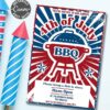 4th of July BBQ invitation template featuring a red and blue grill with stars, rays, and two blue-striped firework rockets on the left. Includes editable event details; all text can be customized. Product name: template (Copy) (Copy).