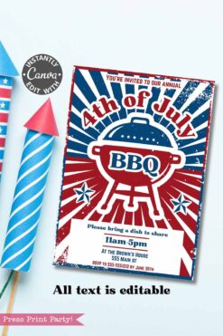 4th of July BBQ invitation template featuring a red and blue grill with stars, rays, and two blue-striped firework rockets on the left. Includes editable event details; all text can be customized. Product name: template (Copy) (Copy).