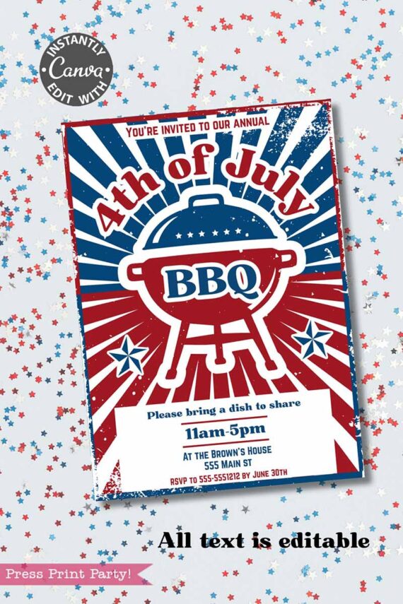 Celebrate with this 4th of July BBQ invitation template featuring red, white, and blue rays, stars, and a grill graphic. Add your event’s date, time, location, RSVP details, and a note to bring a dish to share.
