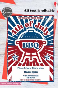 Invite guests to your 4th of July BBQ with this red, white, and blue template featuring a grill, stars, and rays. Includes sections for date, time, location, RSVP details, and a reminder to bring a dish to share.