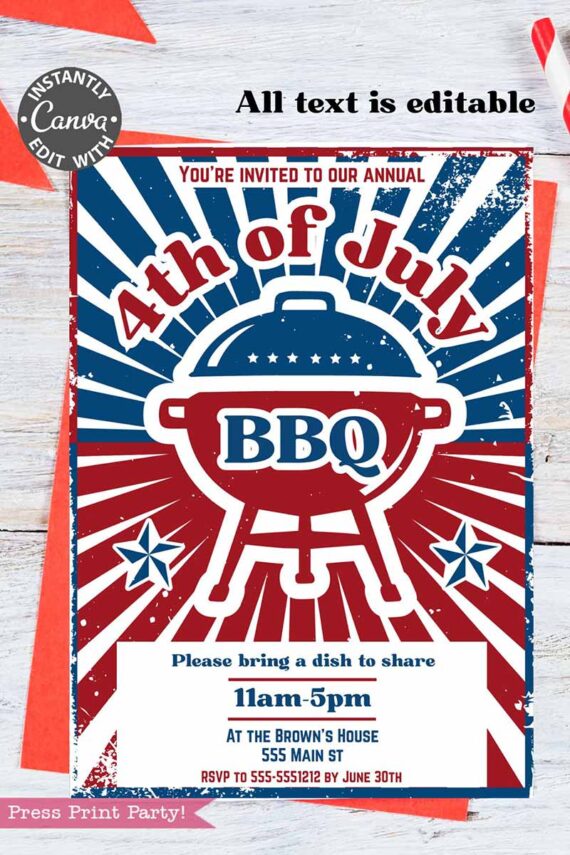 Invite guests to your 4th of July BBQ with this red, white, and blue template featuring a grill, stars, and rays. Includes sections for date, time, location, RSVP details, and a reminder to bring a dish to share.