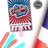 A patriotic card with red, white, and blue rays reads "Let Freedom Glow" and "Thank you for coming!" Includes glow sticks, part of an American flag, editable template (Copy) (Copy), and Canva compatibility.