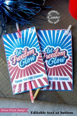 Two colorful “Let Freedom Glow” cards from template (Copy) (Copy), with red, white, and blue starbursts, glow sticks, and customizable “Thank you for coming!” text, displayed on a wooden surface.