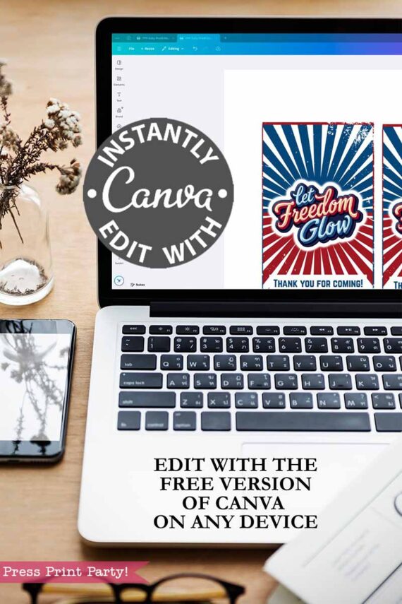 A laptop on a desk shows the template (Copy) (Copy) in Canva with printable designs. Text reads "Instantly edit with Canva" and "Edit with the free version of Canva on any device." A flower vase, phone, and notebook sit nearby.
