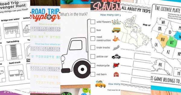 A collage of printable road trip activities for kids, featuring scavenger hunts, word puzzles, coloring pages, and travel-themed games with fun illustrations of cars, maps, and various icons.
