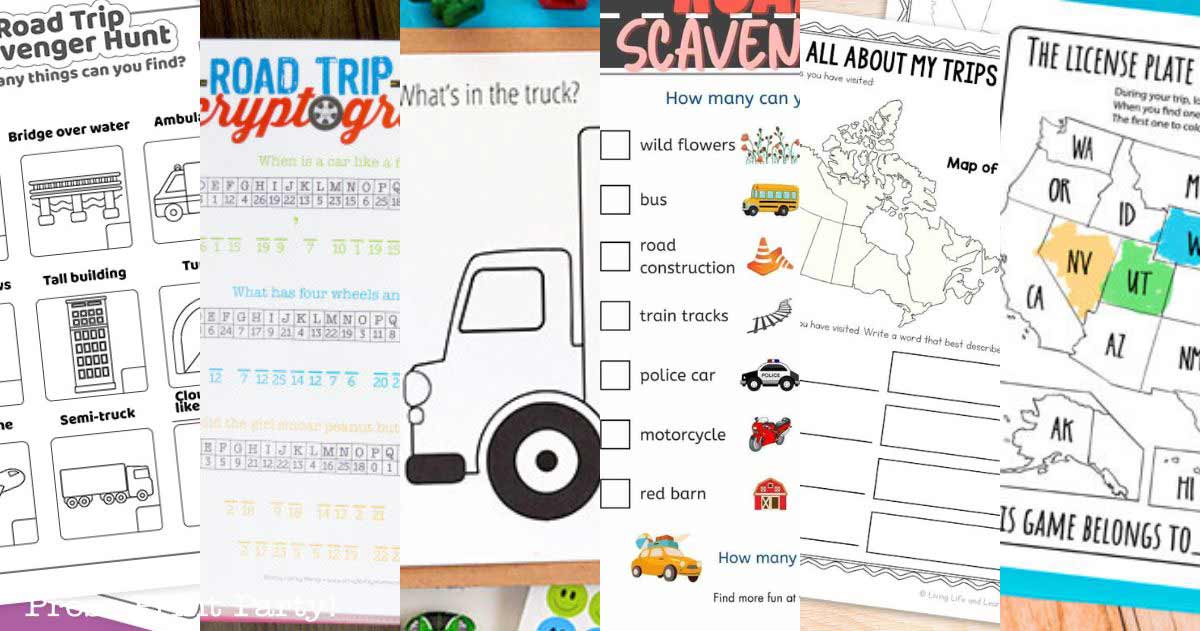 A collage of printable road trip activities for kids, featuring scavenger hunts, word puzzles, coloring pages, and travel-themed games with fun illustrations of cars, maps, and various icons.