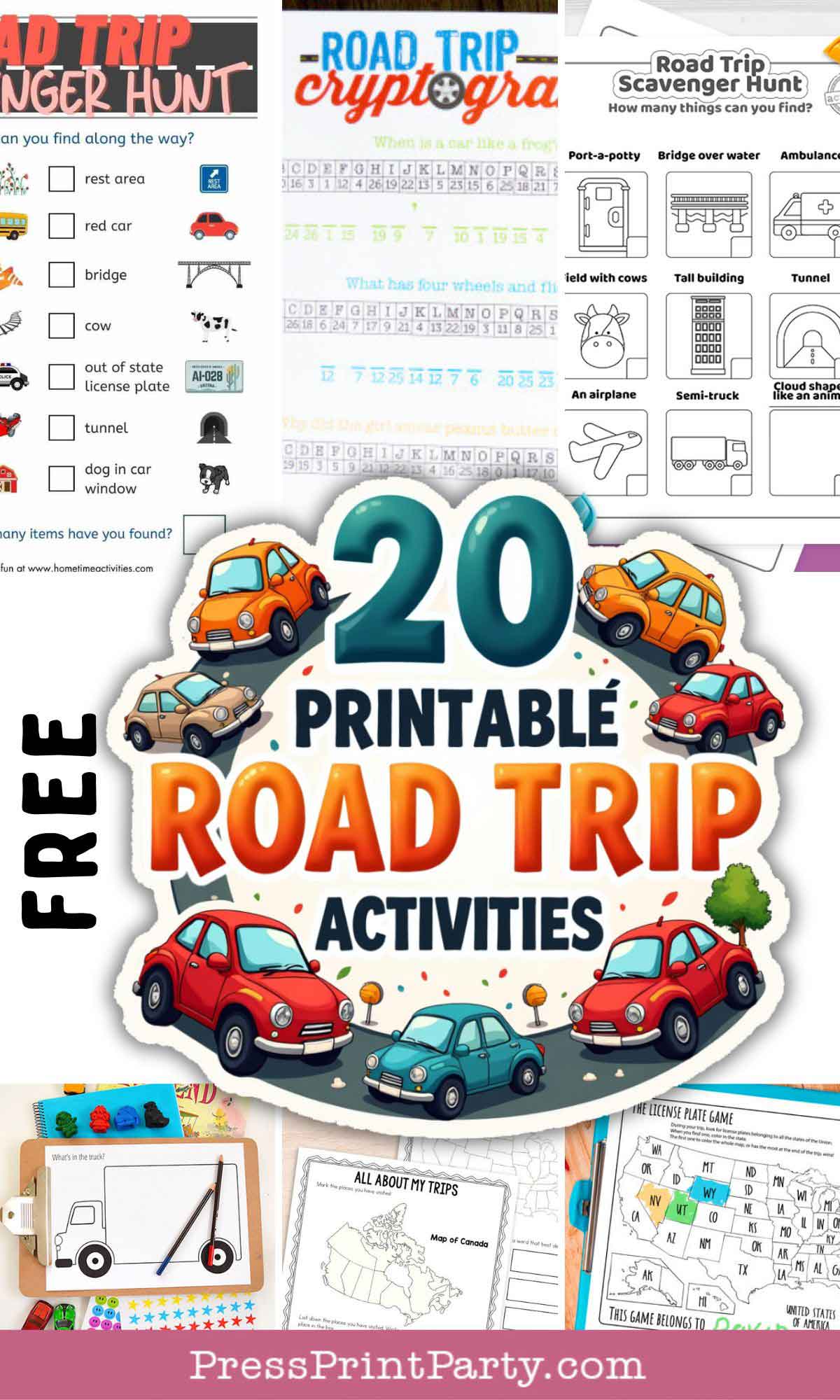 Collage of colorful printable road trip activity sheets for kids, featuring cars, games, puzzles, and scavenger hunts—perfect road trip activities for kids—with the text “20 Printable Road Trip Activities” and “Free” in bold letters.