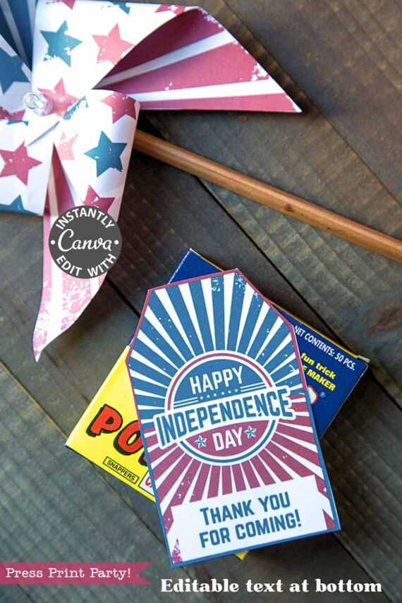 Celebrate with patriotic party favors featuring a red, white, and blue pinwheel, editable "Happy Independence Day, Thank you for coming!" tag, and a Canva edit label. Product name: template (Copy) (Copy).