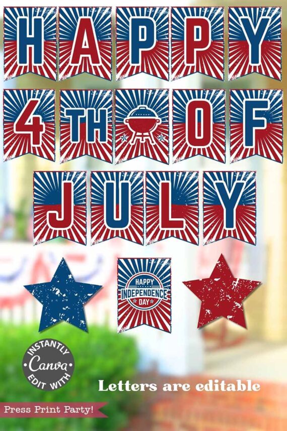 Patriotic red, white, and blue banner template features "Happy 4th of July," editable letters, two distressed stars, a "Happy Independence Day" sign, and a note: "Letters are editable.