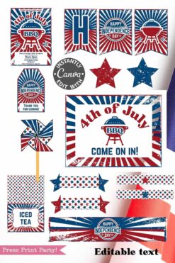 4th of july printables Patriotic printable template (Copy) (Copy) for 4th of July: includes red, white, and blue banners, signs, star cutouts, labels, and editable text—perfect for BBQs and Independence Day parties.