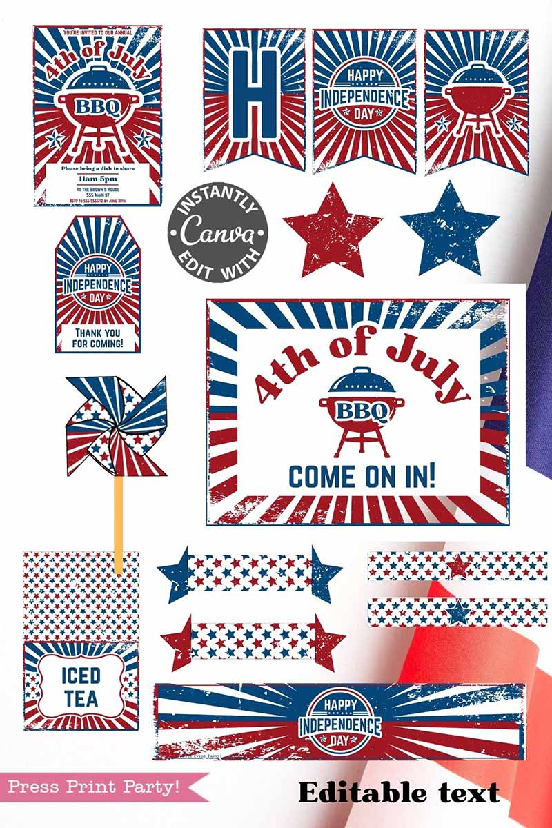 4th of july printables Patriotic printable template (Copy) (Copy) for 4th of July: includes red, white, and blue banners, signs, star cutouts, labels, and editable text—perfect for BBQs and Independence Day parties.