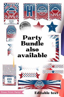 A collage of red, white, and blue 4th of July printables—banners, stars, food labels, and signs with festive patterns and 