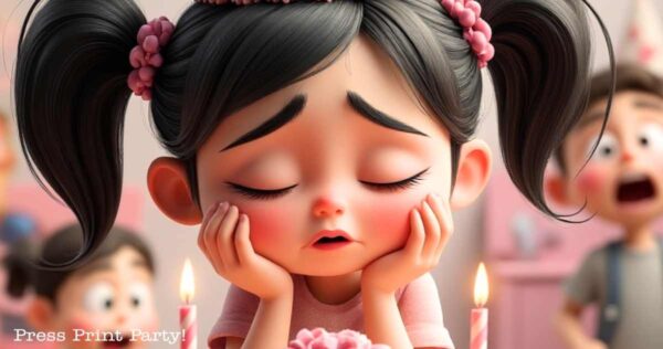 A cartoon girl with pigtails and flowers in her hair sits sadly with her chin in her hands by a birthday cake—an example of kids birthday party mistakes. Blurry children play in the background as she keeps her eyes closed, lost in thought.