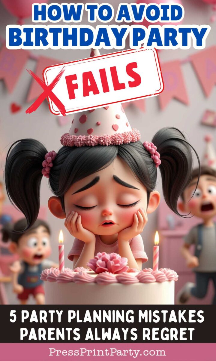 A sad young girl in a party hat sits in front of a birthday cake with candles, while upset children are in the background. Text says, “How to avoid kids birthday party mistakes: 5 party planning errors parents always regret.”.
