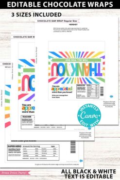 Thank You Chocolate Bar Wrap - Gold Bar displayed on a white wood background, featuring colorful