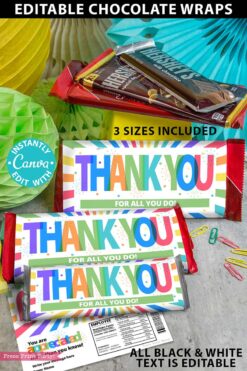 Thank You Chocolate Bar Wrap - Gold Bar: Editable chocolate wrappers featuring "THANK YOU FOR ALL YOU DO!" in bold, shown on bars with office decor. Includes Canva editing and multiple size options.