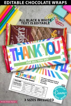 Three Thank You Chocolate Bar Wrap - Gold Bar wrappers feature editable, colorful "Thank You" messages like "Thank you for all you do!" and "You are appreciated," shown with school supplies and an "Edit with Canva" badge.