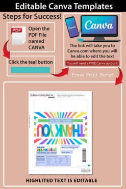 Instructional graphic for the Thank You Chocolate Bar Wrap - Gold Bar. Open the CANVA PDF, click the button, use the link to edit text on Canva (free account needed), then print. Editable wrapper shown at bottom.