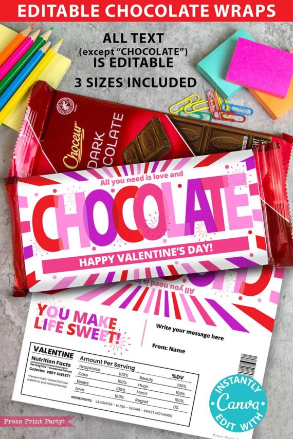 Colorful image featuring the "Thank You Chocolate Bar Wrap - Gold Bar," shown with editable wrappers and stationery, all in pink and red designs. Wrappers display phrases like "All you need is love and CHOCOLATE." Stationery sits beside them.