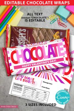 The Thank You Chocolate Bar Wrap - Gold Bar features customizable gold wrappers with “All you need is love and CHOCOLATE” and “Happy Valentine’s Day!” messages. Three sizes included, editable in Canva. Perfect for Valentine’s gifts!.