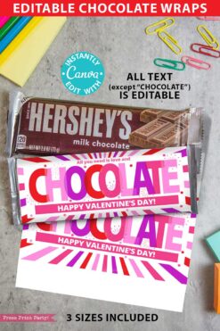 Editable Thank You Chocolate Bar Wrap - Gold Bar is shown, featuring elegant gold “Thank You” text. A Hershey’s milk chocolate bar is included as an example. Easily edit the wrap in Canva to personalize your message.