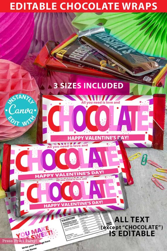 Thank You Chocolate Bar Wrap - Gold Bar showcased with editable Canva templates. Three wrapper sizes feature gold accents, “THANK YOU” text, and festive backgrounds for a unique and customizable gift presentation.