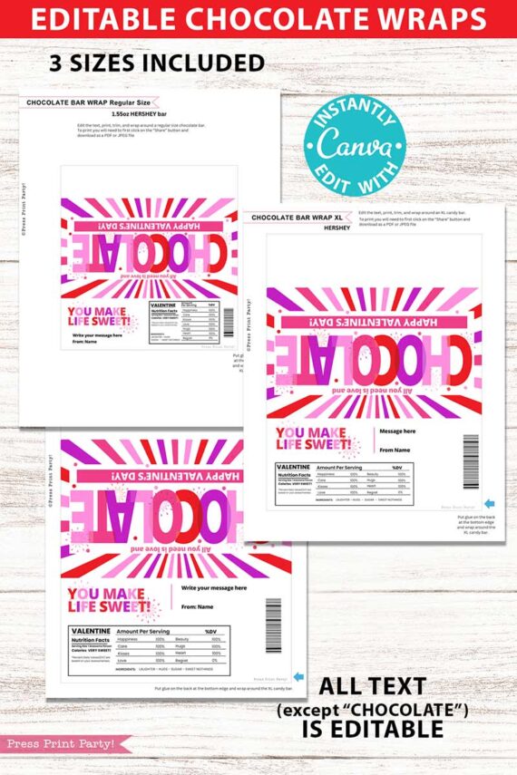 The Thank You Chocolate Bar Wrap - Gold Bar is shown in three sizes, featuring a gold-themed "THANK YOU" design, editable text areas, and Canva editing instructions for easy customization.