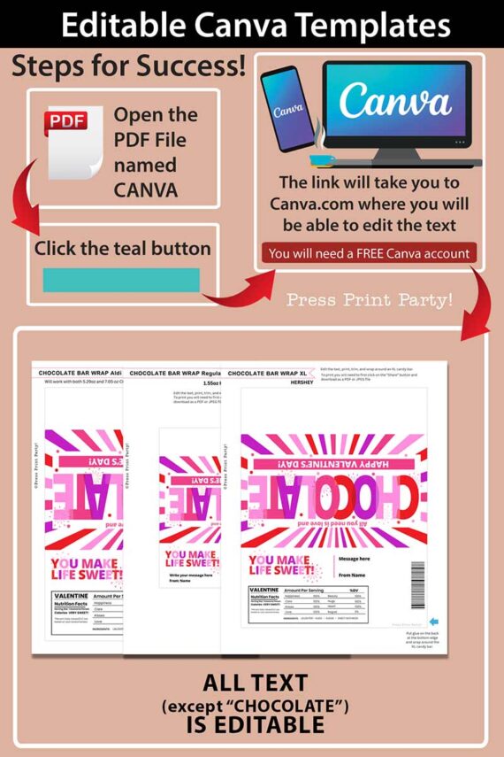 Instructional graphic for the “Thank You Chocolate Bar Wrap - Gold Bar” editable Canva template. Features PDF file, Canva logo, step-by-step guide, sample wrappers, and notes all text except “CHOCOLATE” can be edited.