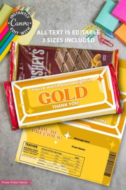 A flat lay of Thank You Chocolate Bar Wrap - Gold Bar covers on candy bars, surrounded by colorful stationery like paperclips, push pins, and sticky notes on a gray surface.