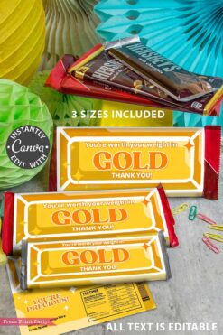 The Thank You Chocolate Bar Wrap - Gold Bar features three gold-themed wrapper sizes on chocolate bars with the message 