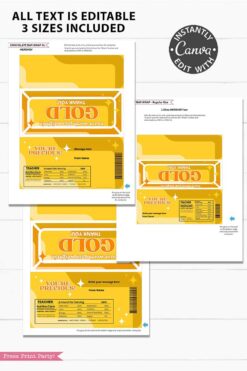 The Thank You Chocolate Bar Wrap - Gold Bar features gold-themed wrappers with “Thank You” and “You’re Precious,” customizable teacher/student names, a nutrition facts-style section, and is shown in three sizes on a white background.
