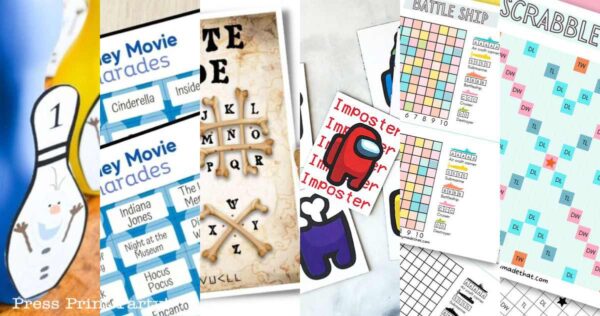 Collage of printable family games, featuring charades cards, crossword puzzles, Battleship, Scrabble, and an Among Us-themed sheet—all arranged side by side in colorful, kid-friendly designs.