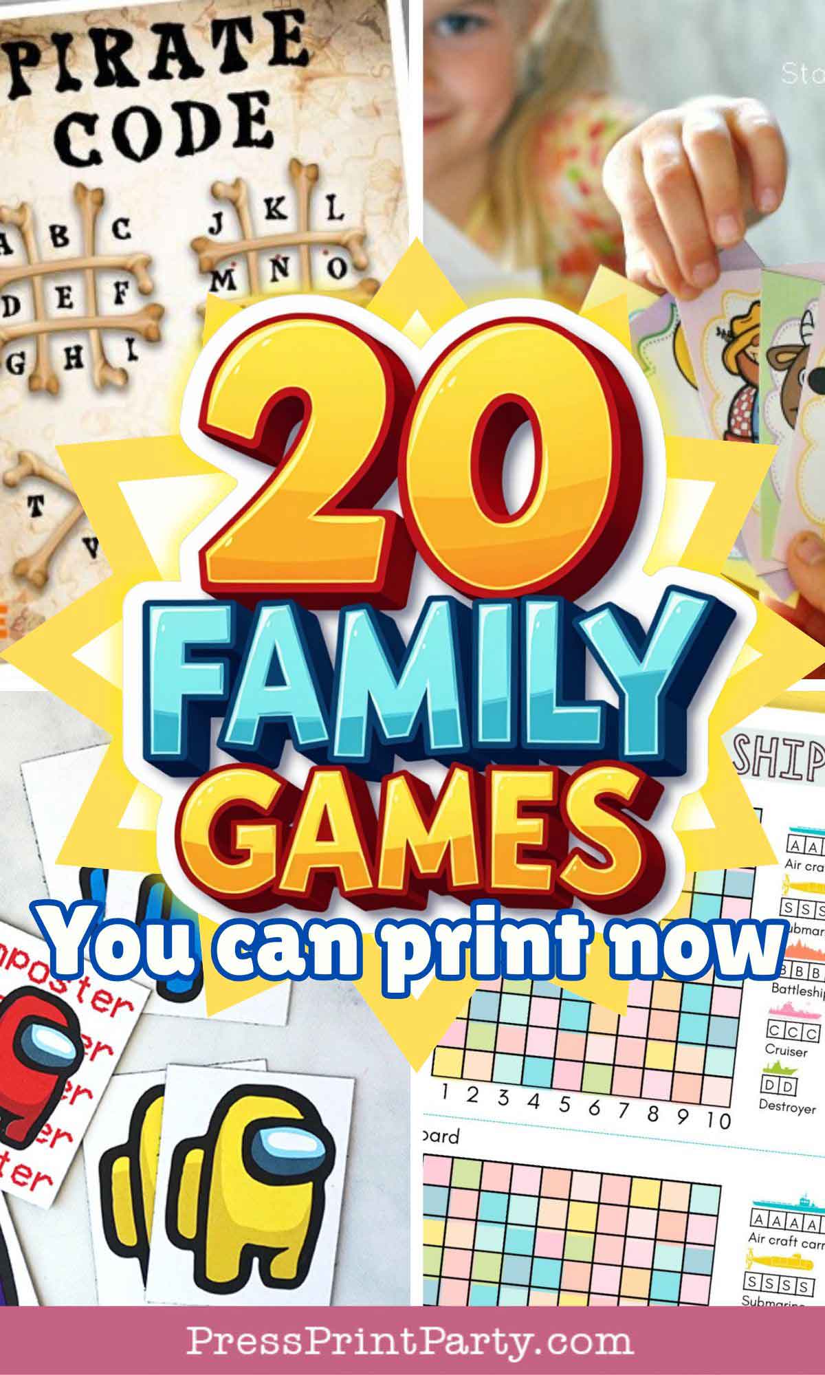 Colorful collage with the text "20 Family Games You Can Print Now" in the center, surrounded by images of printable family games, code sheets, cards, and a child's hand holding a paper.