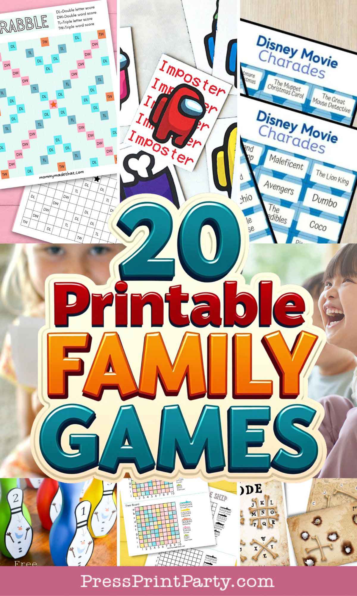 A collage of printable family game sheets, including charades, bingo, and imposter games, with “20 Printable Family Games” in bold text at the center. Two kids laughing in the top right highlight the fun of printable family games.