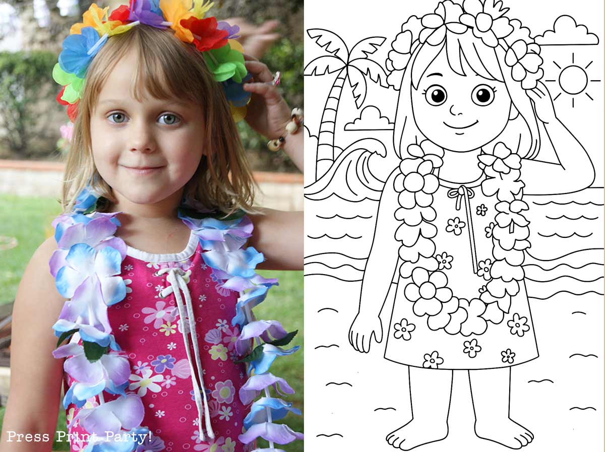 A young girl wearing a colorful flower lei and headband stands outside, smiling. Next to her is a black-and-white coloring page of a similar girl with leis, on a beach with palm trees and the sun.