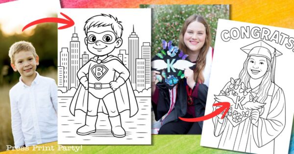 A collage features a young boy in a white shirt, ai coloring pages of superheroes and graduation, plus a graduate holding a decorated "K" cap. Red arrows link the photos with the creative ai coloring pages for an inspired look.