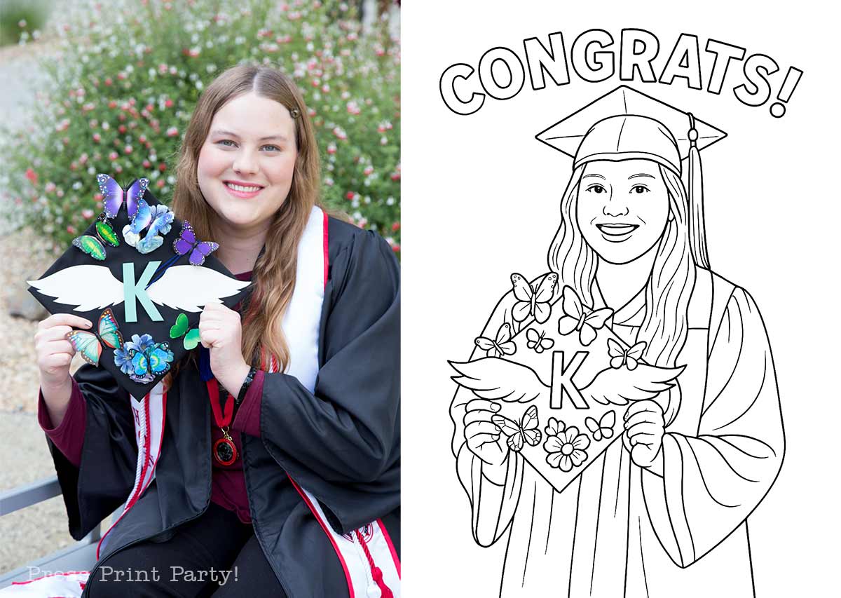 A young woman in graduation attire smiles while holding a decorated graduation cap with a large "K," butterflies, flowers, and wings. Next to her is a black-and-white coloring page version of the same scene with the word "CONGRATS!" above.