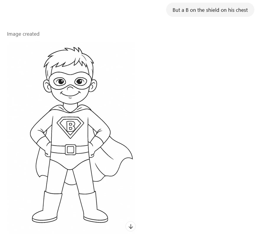 A cartoon superhero boy stands confidently with hands on hips, wearing a cape, boots, gloves, and a mask. There is a shield on his chest with the letter "B" in the center.