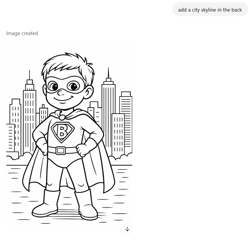 A child in a superhero costume with a "B" on the chest stands confidently with hands on hips, in front of a city skyline of tall buildings.