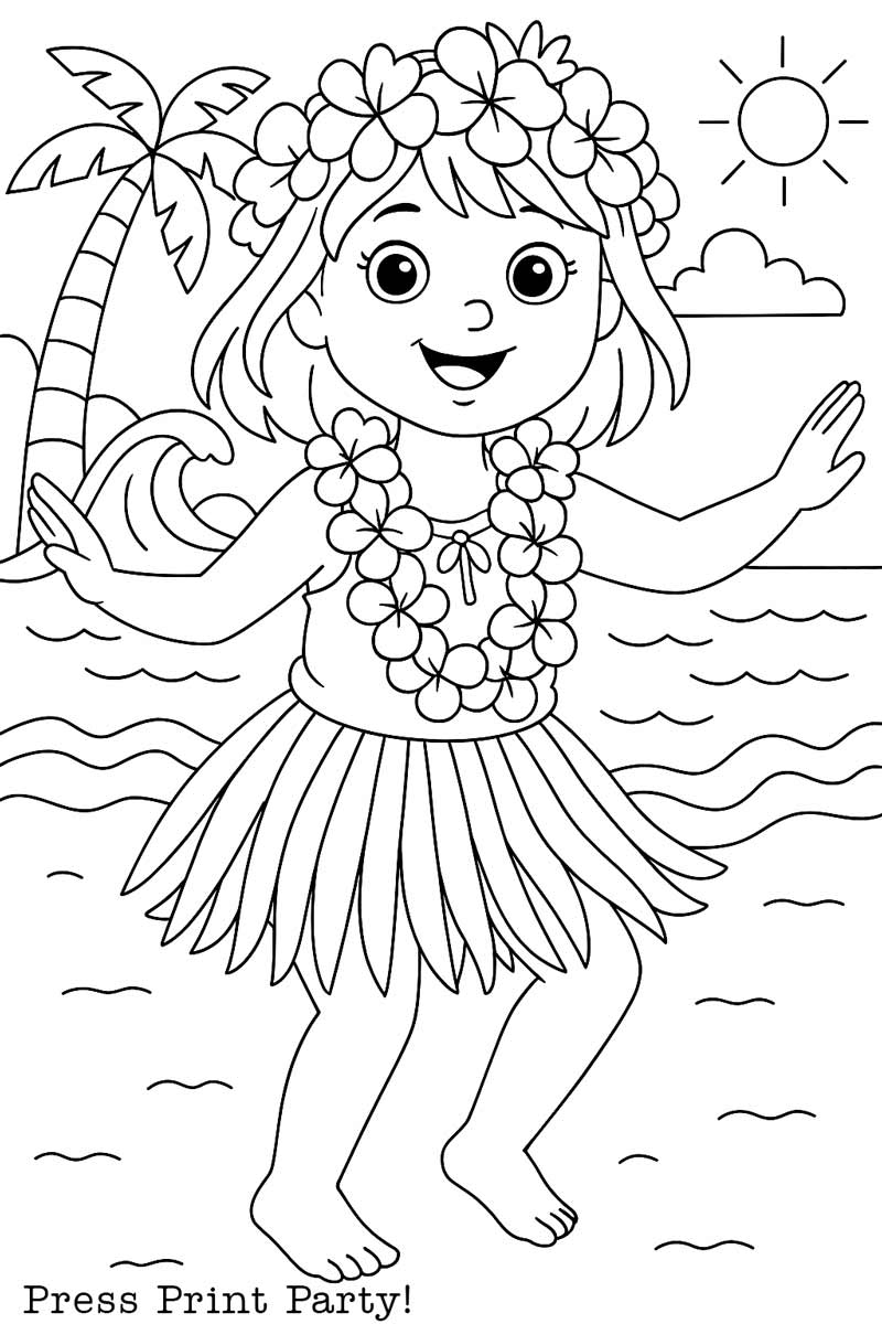 A smiling girl in a hula skirt and flower leis dances on a beach with waves, a palm tree, and the sun in the background.