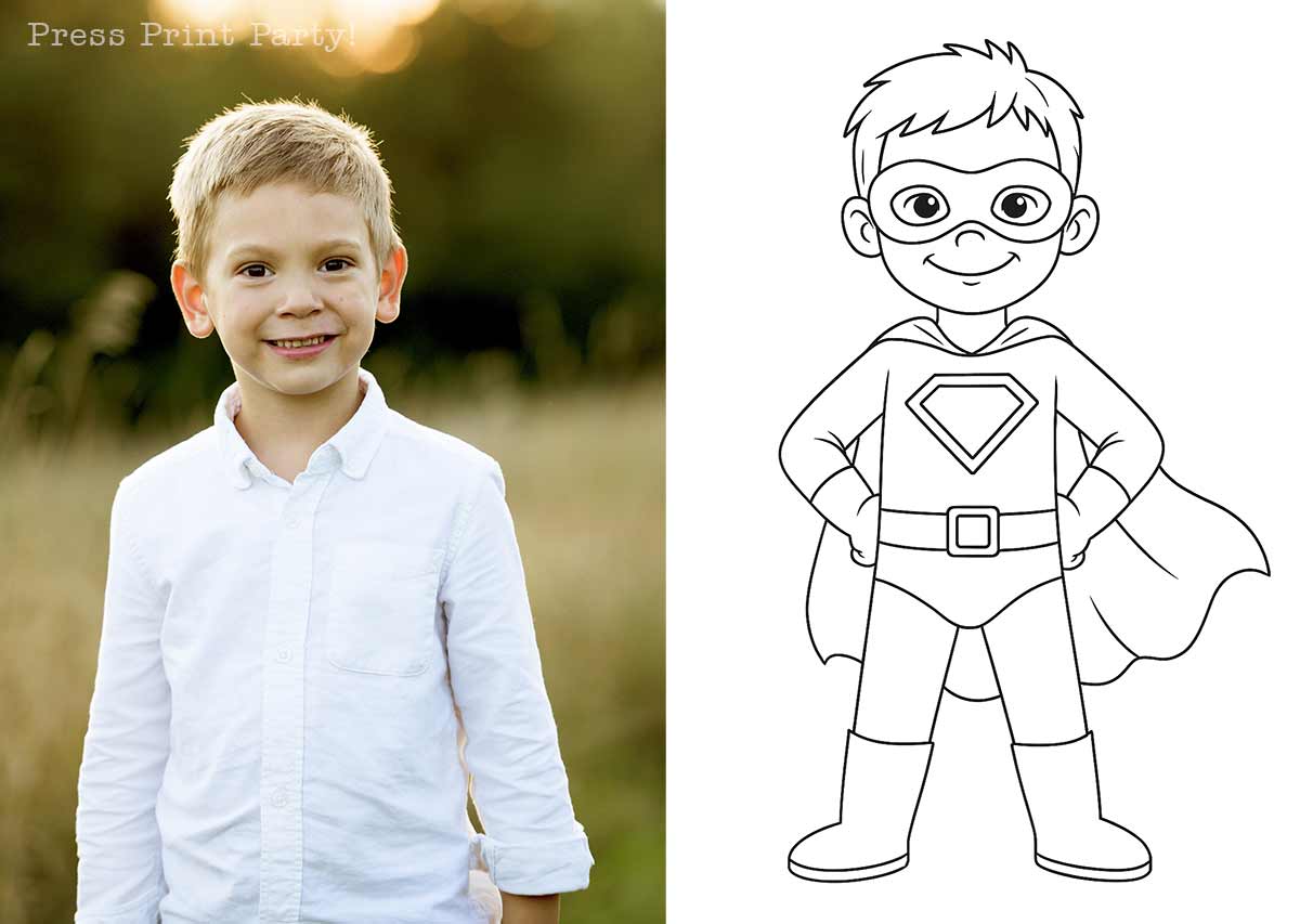 A young boy in a white shirt stands smiling outdoors beside a simple black and white drawing of a boy dressed as a superhero with a cape, mask, and boots.
