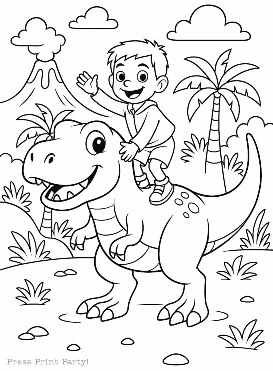 A cheerful boy waves while riding a smiling dinosaur in a prehistoric landscape with palm trees, rocks, and a smoking volcano in the background. This delightful ai coloring pages scene is outlined for coloring.