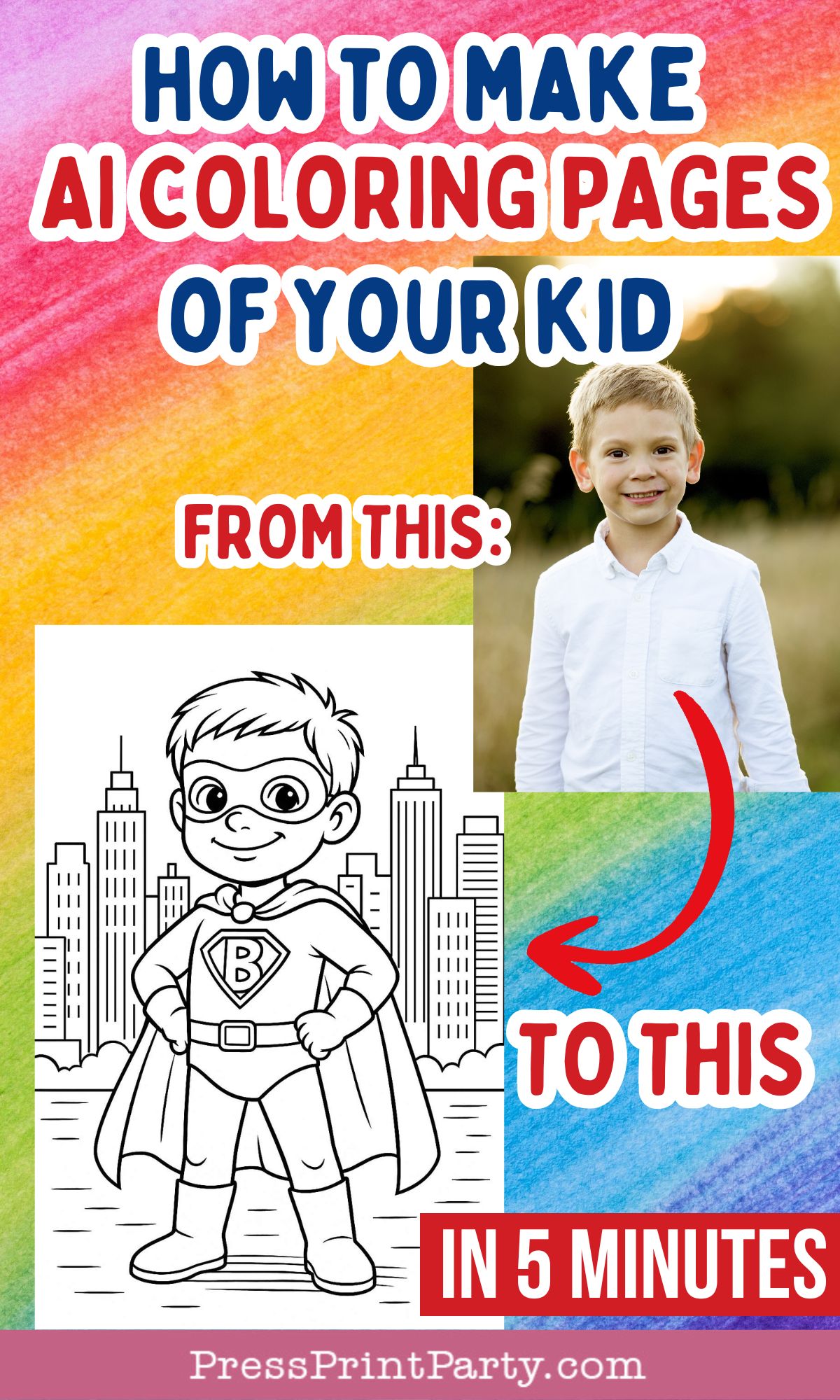 Colorful instructional graphic showing a photo of a smiling boy in a white shirt, next to an ai coloring pages superhero design. Text reads: "How to make AI coloring pages of your kid from this: to this in 5 minutes.