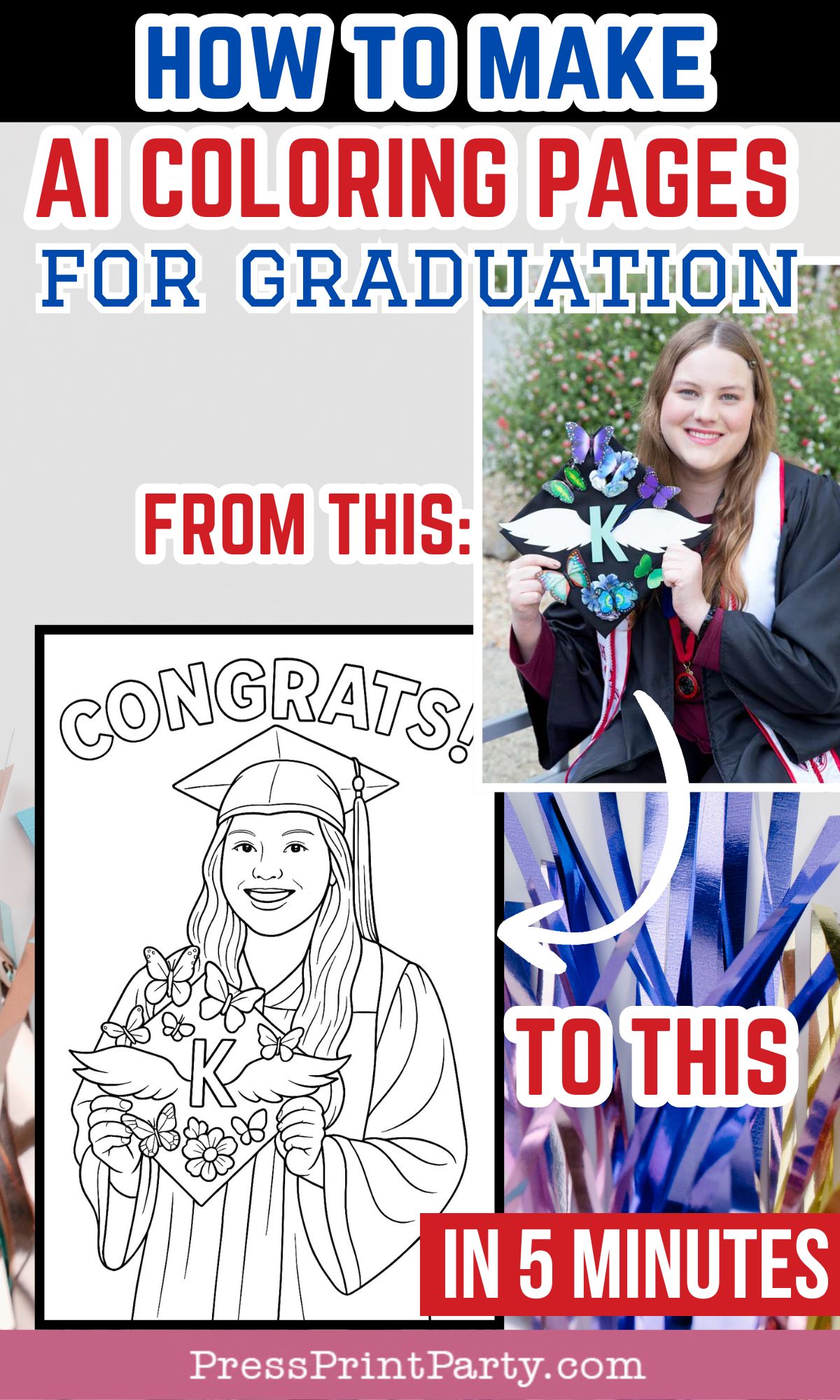 A tutorial graphic shows how ai coloring pages for graduation transform into vibrant crafts. It features a girl in cap and gown holding a decorated letter "K" bouquet and the text “How to Make AI Coloring Pages for Graduation.”.