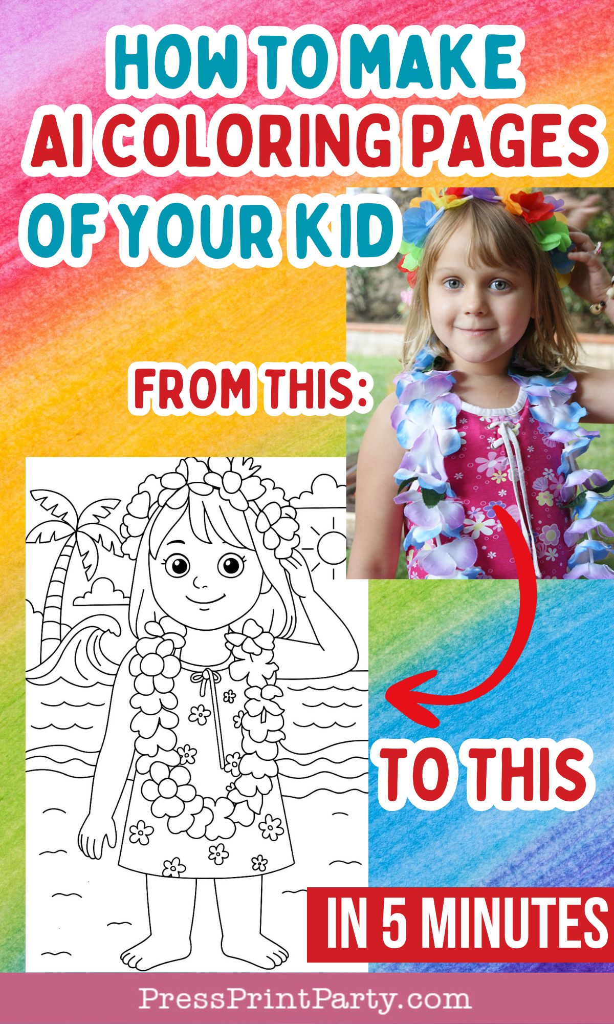 A colorful tutorial image shows a girl in a flower lei and dress beside her black-and-white ai coloring pages version. Text reads, "How to make ai coloring pages of your kid—from this to this in 5 minutes.