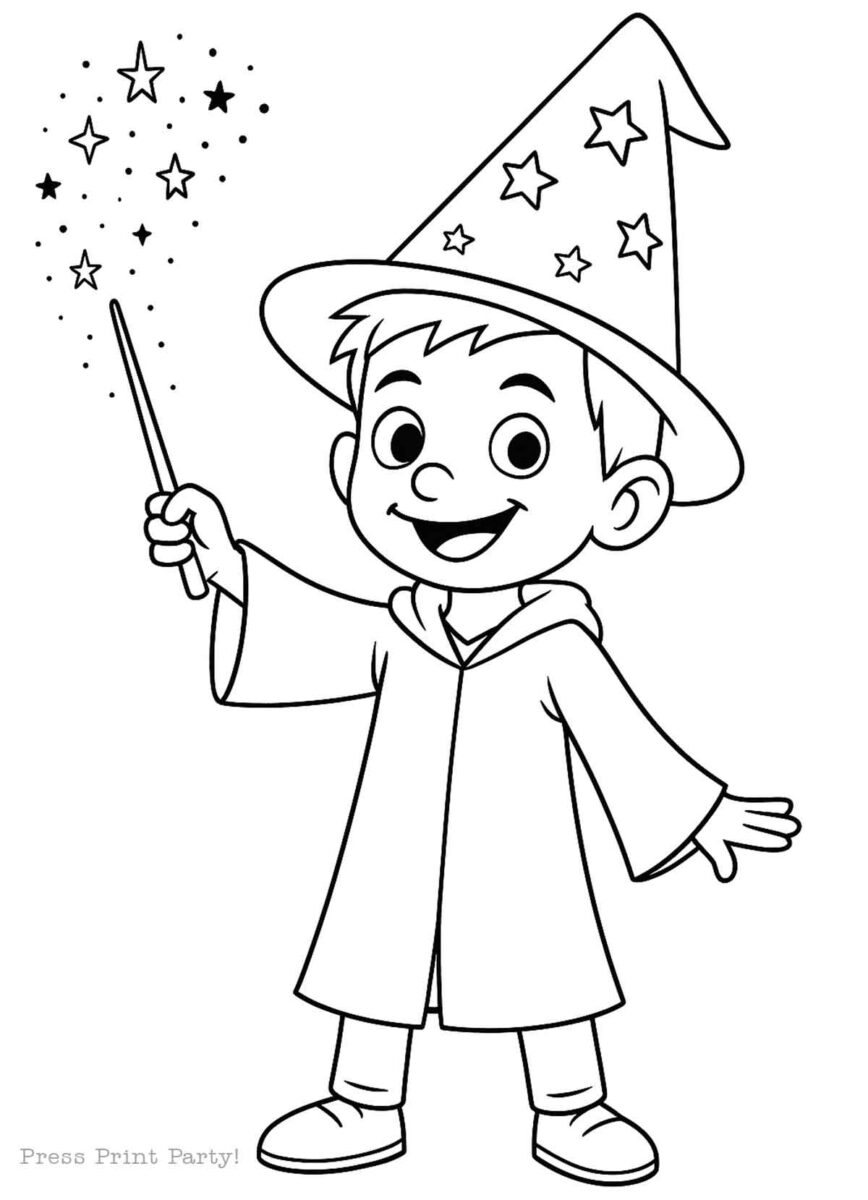 A cheerful cartoon boy wearing a star-patterned wizard hat and robe, holding a magic wand with sparkling stars coming out of it. This black and white ai coloring page is perfect for kids to color and enjoy magical fun.
