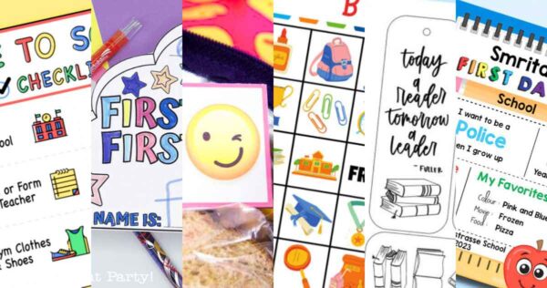 A collage of colorful back to school printables, including checklists, name tags, bingo cards, bookmarks, and activity sheets with vibrant graphics of books, school supplies, and playful designs—perfect for a fun start to the school year.