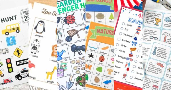 A variety of colorful printable summer scavenger hunt and bingo cards for kids, featuring images of animals, nature items, vehicles, and checklists, spread out on a table.